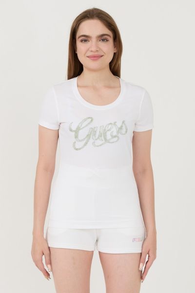 GUESS Biały damski t-shirt Script, Rozmiar S. Białe t-shirty Guess, s, z aplikacjami, bez kołnierzyka, bez ramiączek. W wyprzedaży za 119.99 zł.