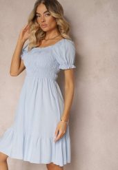 Jasnoniebieska Bawełniana Sukienka o Rozkloszowanym Kroju z Gumką przy Dekolcie Moridia. Niebieskie sukienki Renee, na imprezę, m, bez wzorów, z bawełny, eleganckie, bez kołnierzyka, bez ramiączek, mini, dopasowane. Za 44.99 zł.