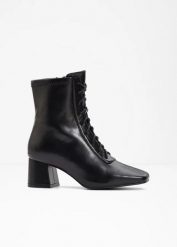Krótkie botki sznurowane na obcasie klockowym. Czarne botki bonprix, bez wzorów, bez obcasa, na obcasie, bez zapięcia. Za 142.99 zł.