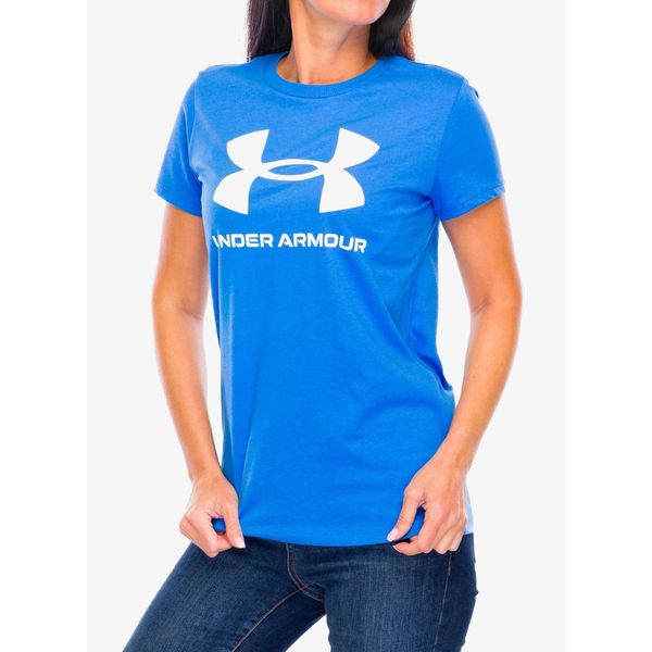 Koszulka z nadrukiem damska Under Armour Logo. Niebieskie bluzki Under Armour, bez wzorów, sportowe, bez kołnierzyka, bez ramiączek. Za 83.99 zł.