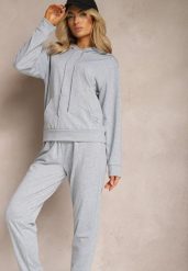 Szary Klasyczny Komplet Dresowy z Bluzą Kangurką i Spodniami Typu Jogger Salevia. Szare bluzy Renee, m, bez wzorów, z dresówki, bez kaptura. Za 69.99 zł.