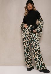 Zielono-Beżowe Panterkowe Spodnie o Szerokim Kroju Paper Bag High Waist Saliandra. Zielone spodnie materiałowe Renee, na co dzień, l, bez wzorów, z jeansu, z podwyższonym stanem. Za 69.99 zł.