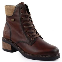 Skórzane wodoodporne botki na klocku brązowe Remonte Rieker D1A70-24. Brązowe botki Remonte, bez wzorów, ze skóry, bez obcasa, bez zapięcia. Za 499.00 zł.