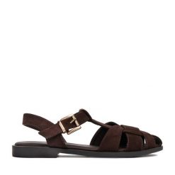 Sandały JENNY. Brązowe sandały Jenny, bez wzorów, bez obcasa, na płaskiej podeszwie, bez zapięcia. Za 129.99 zł.