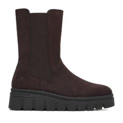 Botki Rieker. Brązowe botki Rieker, bez wzorów, bez obcasa, na koturnie, bez zapięcia. Za 389.99 zł.