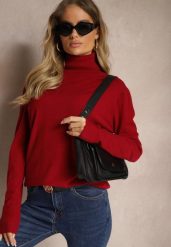 Bordowy Klasyczny Golf Longsleeve z Dodatkiem Wiskozy Leriona. Czerwone golfy Renee, m, bez wzorów, z jeansu, bez ramiączek. Za 44.99 zł.
