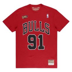 Koszulka Chicago Bulls. Czerwone bluzki Mitchell & Ness, bez wzorów, sportowe, bez kołnierzyka, bez ramiączek. Za 246.50 zł.