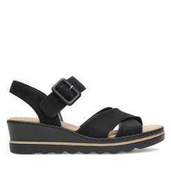 Sandały Rieker. Czarne sandały Rieker, bez wzorów, bez obcasa, na koturnie, bez zapięcia. Za 319.99 zł.