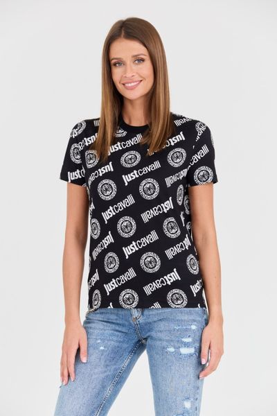 JUST CAVALLI Czarny damski t-shirt R Logo Tigre, Rozmiar M. Czarne t-shirty Just Cavalli, m, bez wzorów, bez kołnierzyka, bez ramiączek. W wyprzedaży za 255.99 zł.
