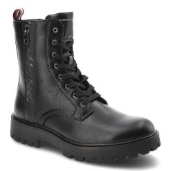 Czarne Botki Tommy Hilfiger Modne Buty Damskie. Czarne botki TOMMY HILFIGER, na jesień, bez wzorów, z materiału, bez obcasa, bez zapięcia. Za 439.00 zł.