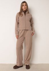 Ciemnobeżowy Komplet Dresowy Szerokie Spodnie i Rozpinana Bluza ze Stójką Aleea. Brązowe bluzy Born2be, l, bez wzorów, z dresówki, bez kaptura. Za 169.99 zł.
