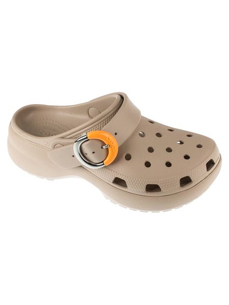 Crocs Klapki Classic Platform Buckle Clog 213230 Beżowy. Brązowe klapki Crocs, bez wzorów, z tworzywa sztucznego, bez obcasa. Za 269.99 zł.