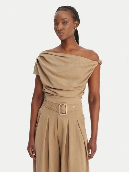 Eleh Bluzka SS260098 Beżowy Regular Fit. Brązowe bluzki Eleh, bez wzorów, z lyocellu, bez kołnierzyka, bez ramiączek. Za 301.99 zł.