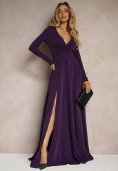 Ciemnofioletowa Kopertowa Sukienka o Rozkloszowanym Kroju z Rozcięciem i Metalicznymi Przeszyciami Emiraia. Fioletowe sukienki Renee, na imprezę, m, bez wzorów, eleganckie, bez kołnierzyka, bez ramiączek, maxi, kopertowe. Za 99.99 zł.