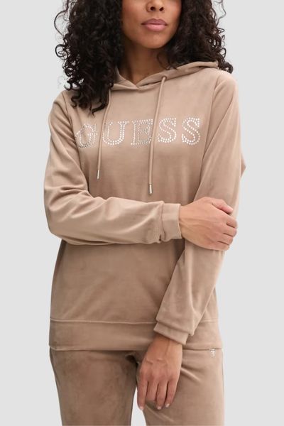 GUESS Brązowa welurowa damska bluza Couture, Rozmiar M. Brązowe bluzy Guess, m, z aplikacjami, z weluru, bez kaptura. W wyprzedaży za 170.99 zł.