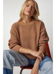 Happiness Istanbul Sweter w kolorze jasnobrązowym rozmiar: S/M. Brązowe swetry Happiness Istanbul, m, bez wzorów, ze splotem, bez ramiączek. Za 118.01 zł.