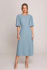 Elegancka sukienka koktajlowa z bufiastymi rękawami błękitna. Niebieskie sukienki Stylove, na imprezę, m, bez wzorów, z elastanu, eleganckie, bez kołnierzyka, bez ramiączek, midi, dopasowane. Za 509.00 zł.
