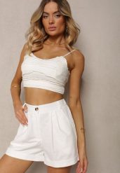 Białe Szorty Typu Bermudy z Bawełną i Lnem High Waist Fiefia. Białe szorty Renee, bez wzorów, z bawełny, eleganckie, z podwyższonym stanem. Za 89.99 zł.
