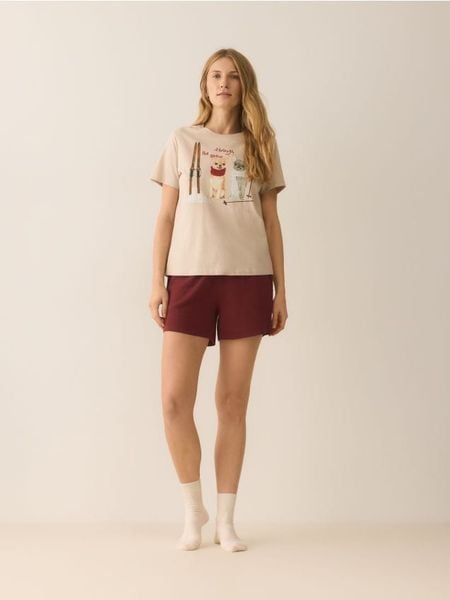 Dwuczęściowa piżama z nadrukiem - bordowy. Czerwone piżamy Reserved, bez wzorów, z bawełny, bez ramiączek. Za 79.99 zł.