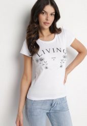 Biały Bawełniany T-shirt z Napisem Living i Nadrukiem Commea. Białe t-shirty Born2be, l, bez wzorów, z bawełny, bez kołnierzyka, bez ramiączek. W wyprzedaży za 33.99 zł.