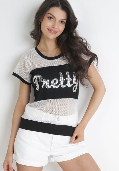 Czarna Bluzka z Krótkim Rękawem z Siateczki i Napisem z Cekinów Helelona. Czarne bluzki Born2be, m, bez wzorów, z jeansu, bez kołnierzyka, bez ramiączek. Za 49.99 zł.