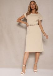 Beżowa Pudełkowa Sukienka z Wiskozą z Dodatkowym Paskiem z Klamrą Pollame. Brązowe sukienki Renee, na co dzień, l, bez wzorów, z jeansu, eleganckie, bez kołnierzyka, bez ramiączek, midi, dopasowane. Za 84.99 zł.