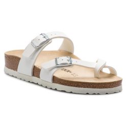 Japonki Birkenstock. Białe klapki Birkenstock, bez wzorów, bez obcasa. Za 279.99 zł.