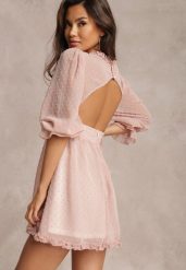 Różowa Sukienka Thelaia. Czerwone sukienki Renee, l, bez wzorów, z tkaniny, wizytowe, bez kołnierzyka, bez ramiączek, mini, kopertowe. Za 129.99 zł.