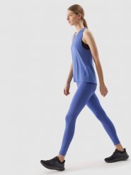 4F Legginsy treningowe z materiału z recyklingu damskie - granatowe L. Niebieskie legginsy 4f, l, bez wzorów, z dzianiny. W wyprzedaży za 69.99 zł.