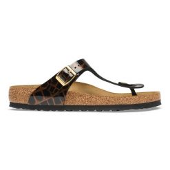 Birkenstock Gizeh LENA Emboss Animal Black Japonki damskie. Czarne klapki Birkenstock, bez wzorów, z jeansu, bez obcasa. Za 549.99 zł.
