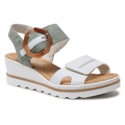 Sandały Rieker. Białe sandały Rieker, bez wzorów, bez obcasa, na koturnie, bez zapięcia. Za 259.99 zł.