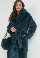 Ciemnozielony Płaszcz Futrzany Teddy z Wiązanym Paskiem i Torebką Kelko. Zielone płaszcze Born2be, na zimę, l, bez wzorów, z futra, bez kaptura. Za 399.99 zł.