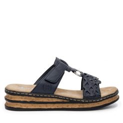 Klapki Rieker. Niebieskie klapki Rieker, bez wzorów, bez obcasa. Za 189.99 zł.