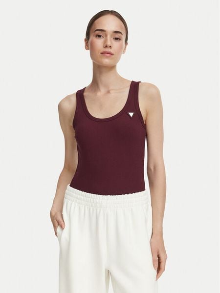 Guess Top V4YP06 K8RT2 Bordowy Slim Fit. Czerwone topy Guess, m, z aplikacjami, z wiskozy, bez kołnierzyka, bez ramiączek. Za 154.99 zł.