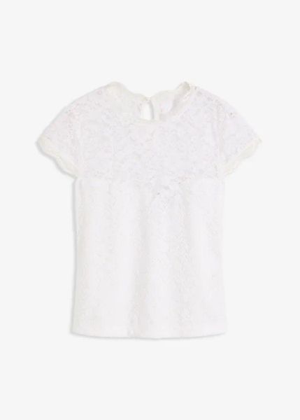 Bluzka w ludowym stylu. Białe bluzki bonprix, bez wzorów, z koronki, bez kołnierzyka, bez ramiączek. Za 142.99 zł.