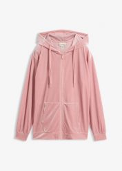 Bluza rozpinana z kapturem z aksamitu. Czerwone bluzy bonprix, bez wzorów, prążkowane, z kapturem. Za 109.99 zł.