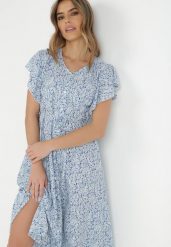 Niebieska Sukienka Megopis. Niebieskie sukienki Born2be, na wiosnę, m, bez wzorów, z materiału, bez kołnierzyka, bez ramiączek, maxi, koszulowe. Za 99.99 zł.