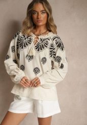 Beżowa Bluzka Oversize z Bawełny z Ornamentnym Wzorem Nilindea. Brązowe bluzki Renee, l, bez wzorów, z bawełny, eleganckie, bez kołnierzyka, bez ramiączek. Za 139.99 zł.