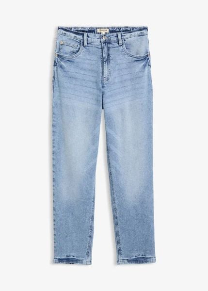 Dżinsy mom, high waist, low stretch, cropped. Niebieskie jeansy bonprix, bez wzorów, z podwyższonym stanem. Za 129.99 zł.