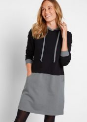 Sukienka dresowa. Czarne sukienki bonprix, bez wzorów, z dresówki, bez kołnierzyka, bez ramiączek. Za 124.99 zł.