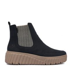 Botki Rieker. Niebieskie botki Rieker, bez wzorów, bez obcasa, na płaskiej podeszwie, bez zapięcia. Za 359.99 zł.