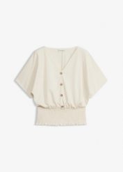 Koszulka z krepy o lekkiej fakturze. Brązowe bluzki bonprix, bez wzorów, eleganckie, bez kołnierzyka, bez ramiączek. Za 99.99 zł.