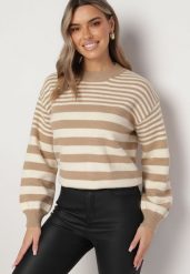 Beżowy Sweter w Paski z Okrągłym Dekoltem Hussa. Brązowe swetry Born2be, bez wzorów, z dzianiny, bez ramiączek. W wyprzedaży za 118.99 zł.