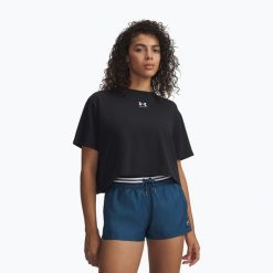 Koszulka treningowa damska Under Armour Rival Boxy Tee Solid black/white. Czarne bluzki Under Armour, bez wzorów, sportowe, bez kołnierzyka, bez ramiączek. Za 83.99 zł.