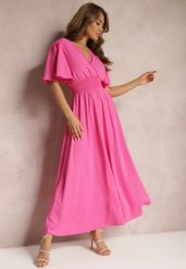 Różowa Sukienka z Luźnymi Rękawami Wiązaniem z Wycięciem na Plecach i Gumką w Talii Valenta. Czerwone sukienki Renee, na co dzień, l, bez wzorów, z tkaniny, eleganckie, bez kołnierzyka, bez ramiączek, maxi. Za 69.99 zł.