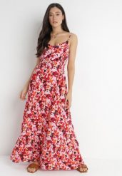 Różowa Sukienka Antythia. Czerwone sukienki Born2be, na lato, m, bez wzorów, z tkaniny, bez kołnierzyka, bez ramiączek, maxi, rozkloszowane. Za 29.99 zł.