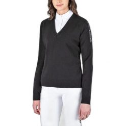 Damski sweter v-neck Equiline Cinoc. Czarne swetry EQODE BY EQUILINE, na zimę, bez wzorów, bez ramiączek. Za 634.00 zł.