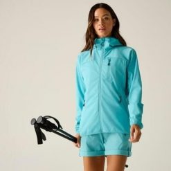 Damska kurtka typu softshell z kapturem Lexan III. Niebieskie kurtki sportowe Dare 2b, bez wzorów, z poliesteru, z kapturem, trekkingowe. Za 649.99 zł.