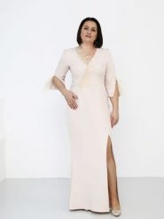 Sukienka Model Salima Beige - Jersa. Brązowe sukienki Jersa, na imprezę, m, bez wzorów, z elastanu, eleganckie, bez kołnierzyka, plus size, bez ramiączek, maxi, dopasowane. Za 905.16 zł.