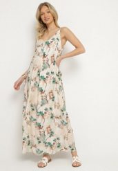 Beżowo-Zielona Kwiecista Sukienka na Ramiączkach z Wiskozą o Rozkloszowanym Kroju Jenarienna. Zielone sukienki Born2be, na co dzień, l, bez wzorów, z wiskozy, eleganckie, bez kołnierzyka, bez ramiączek, maxi, kopertowe. Za 109.99 zł.